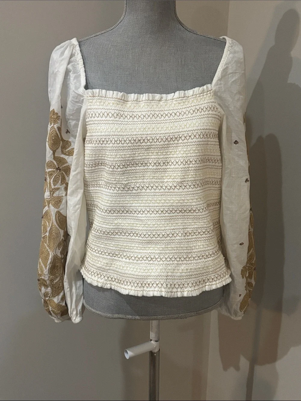 Anthropologie Smocked Embroidered Puff Sleeve Square Neck Top Peasant Blouse